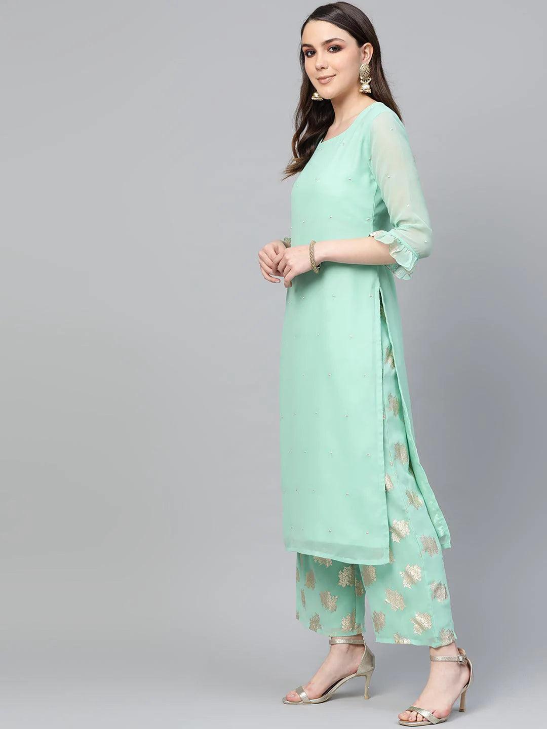 Sea Green Embroidered Georgette Suit Set