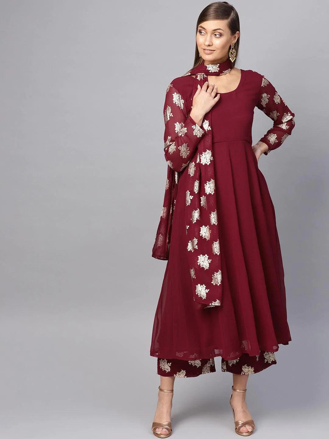 Maroon Solid Georgette Suit Set