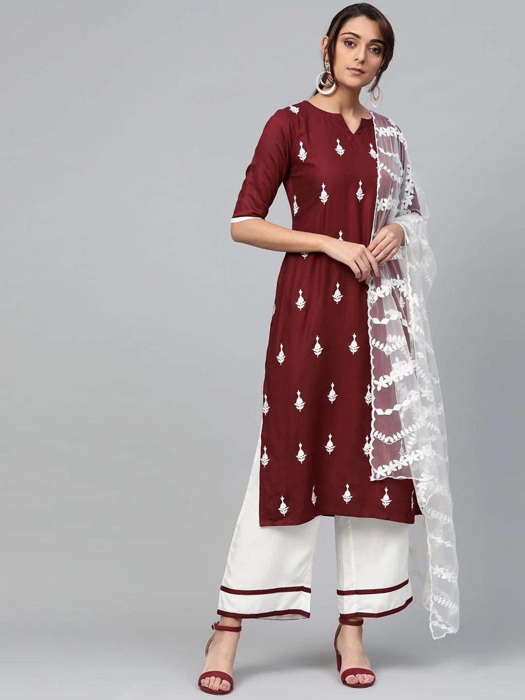 Maroon Embroidered Rayon Suit Set