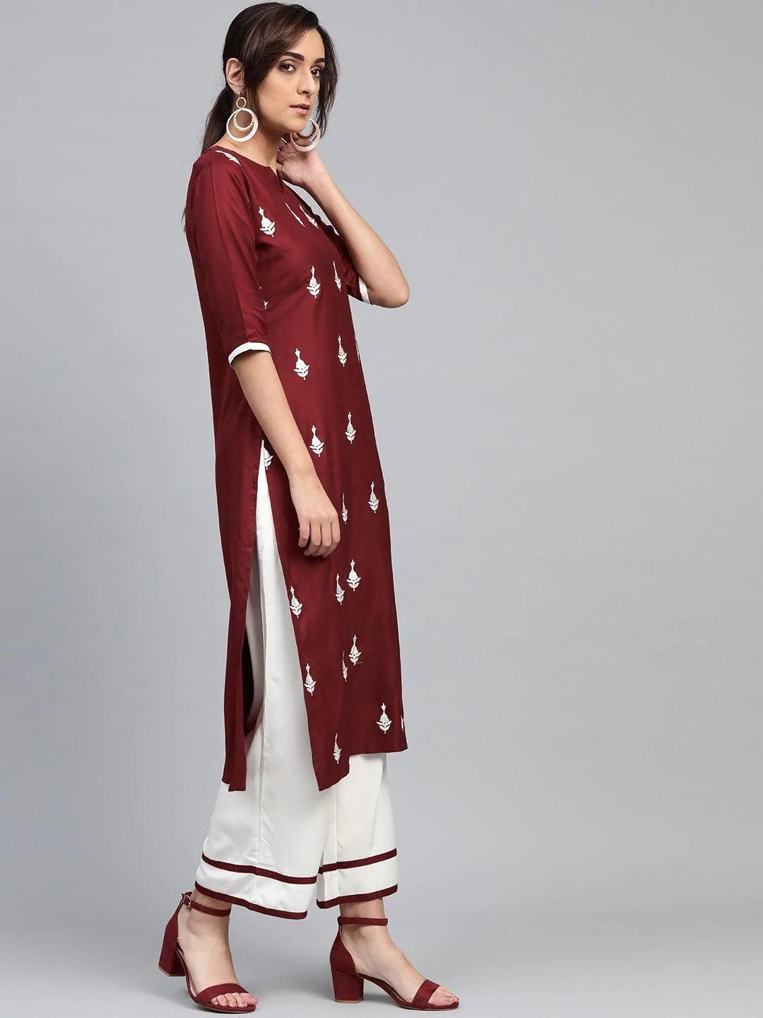 Maroon Embroidered Rayon Suit Set