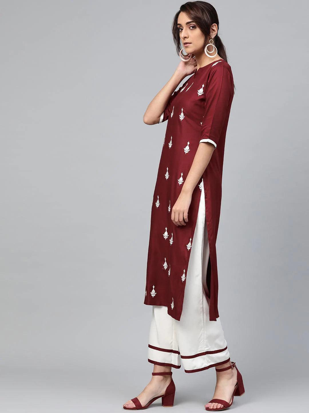 Maroon Embroidered Rayon Suit Set