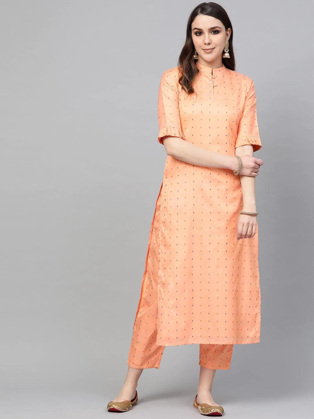 Peach Self Design Polyester Kurta Set