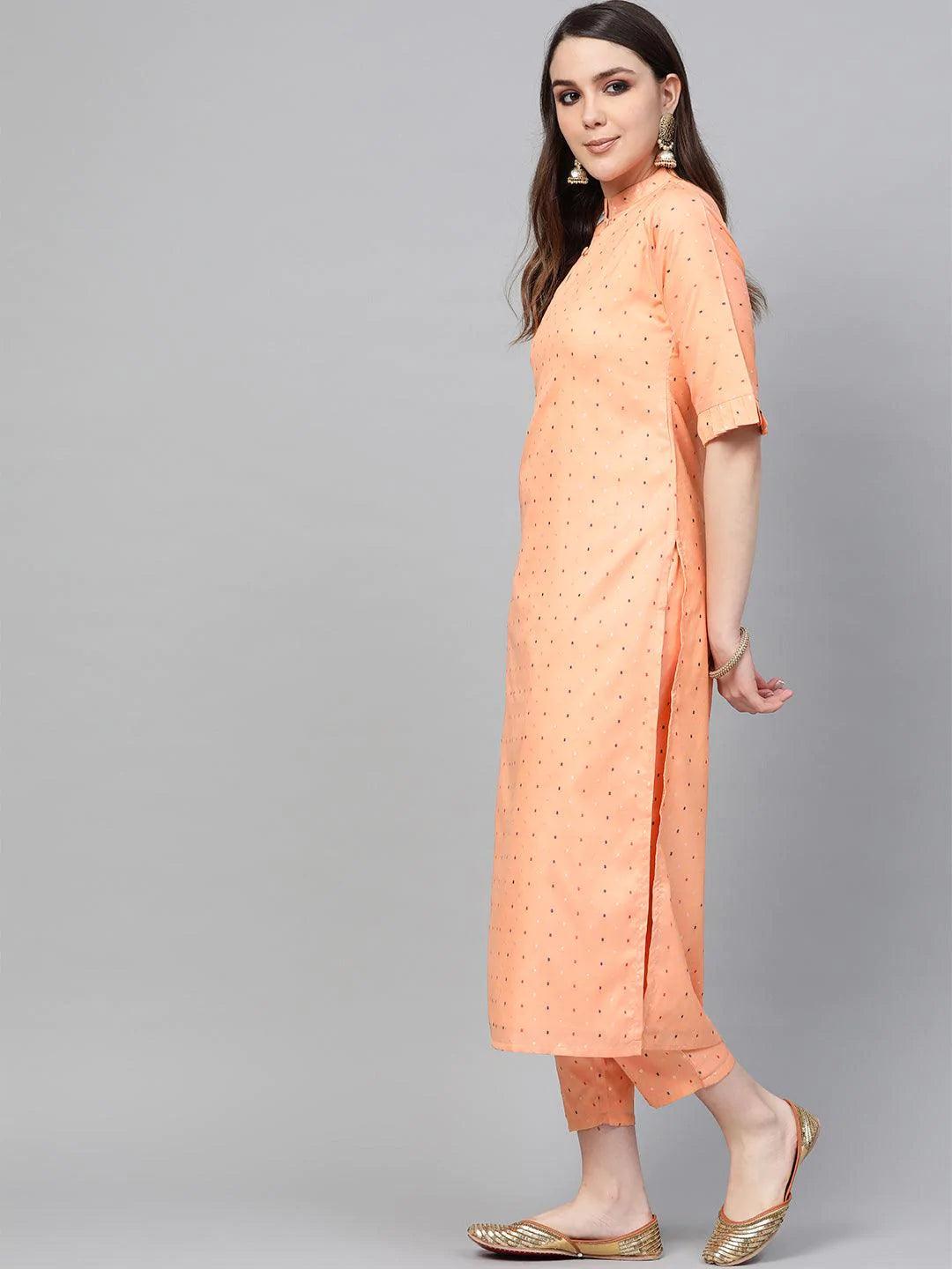 Peach Self Design Polyester Kurta Set - ShopLibas