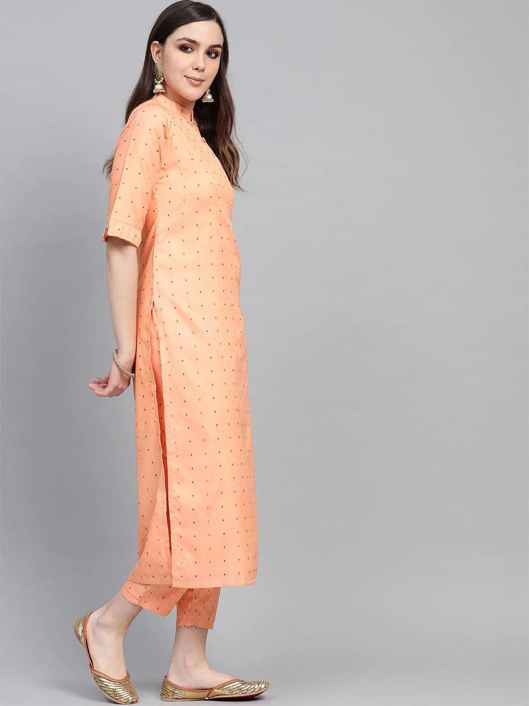 Peach Self Design Polyester Kurta Set