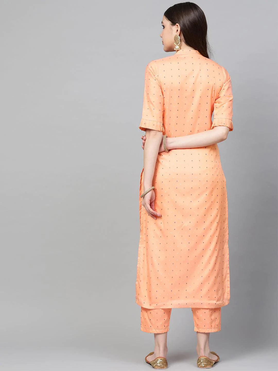 Peach Self Design Polyester Kurta Set - ShopLibas