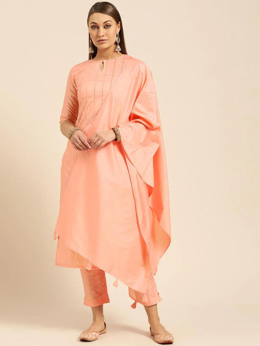 Peach Self Striped Silk Suit Set