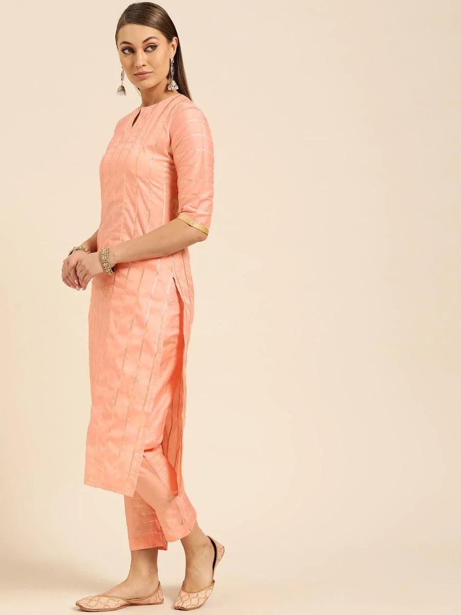 Peach Self Striped Silk Suit Set