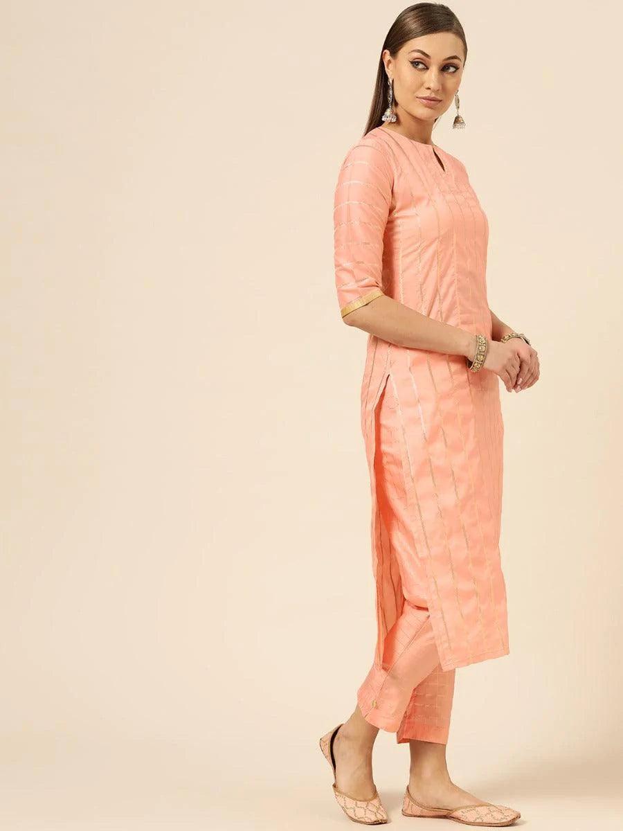 Peach Self Striped Silk Suit Set