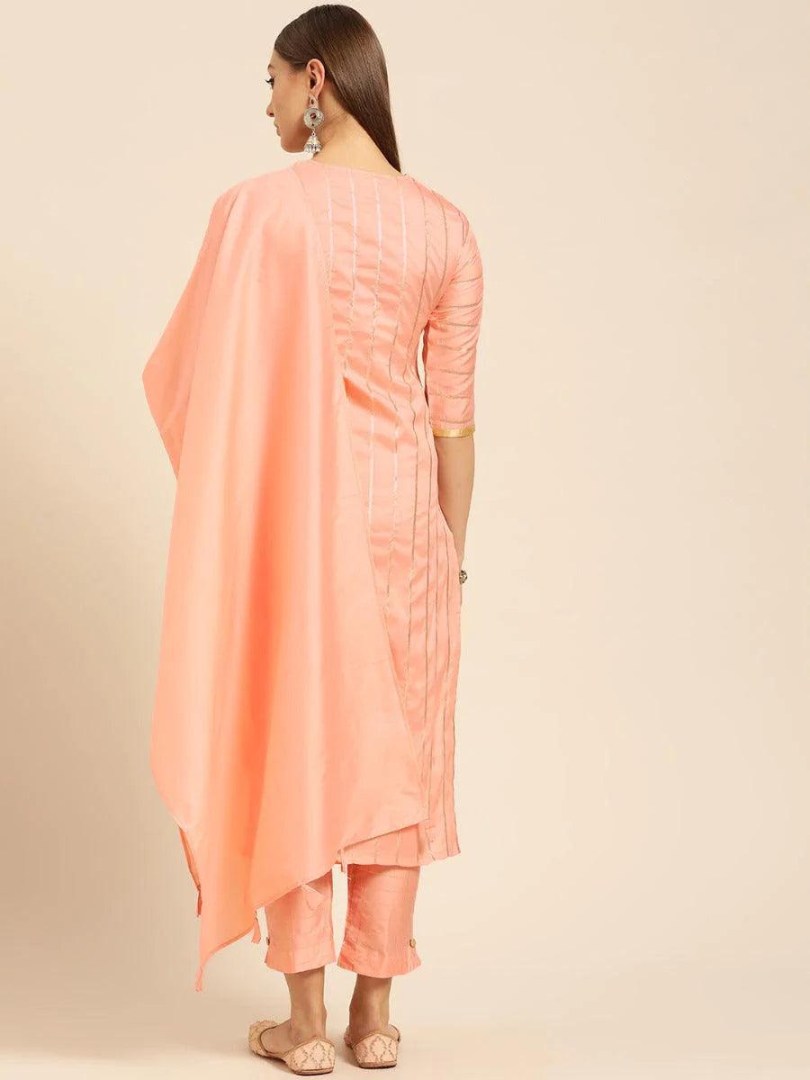 Peach Self Striped Silk Suit Set