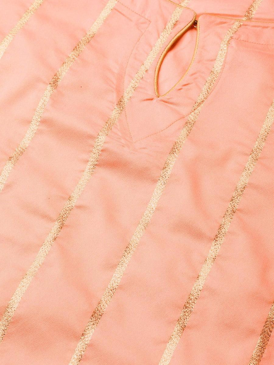 Peach Self Striped Silk Suit Set