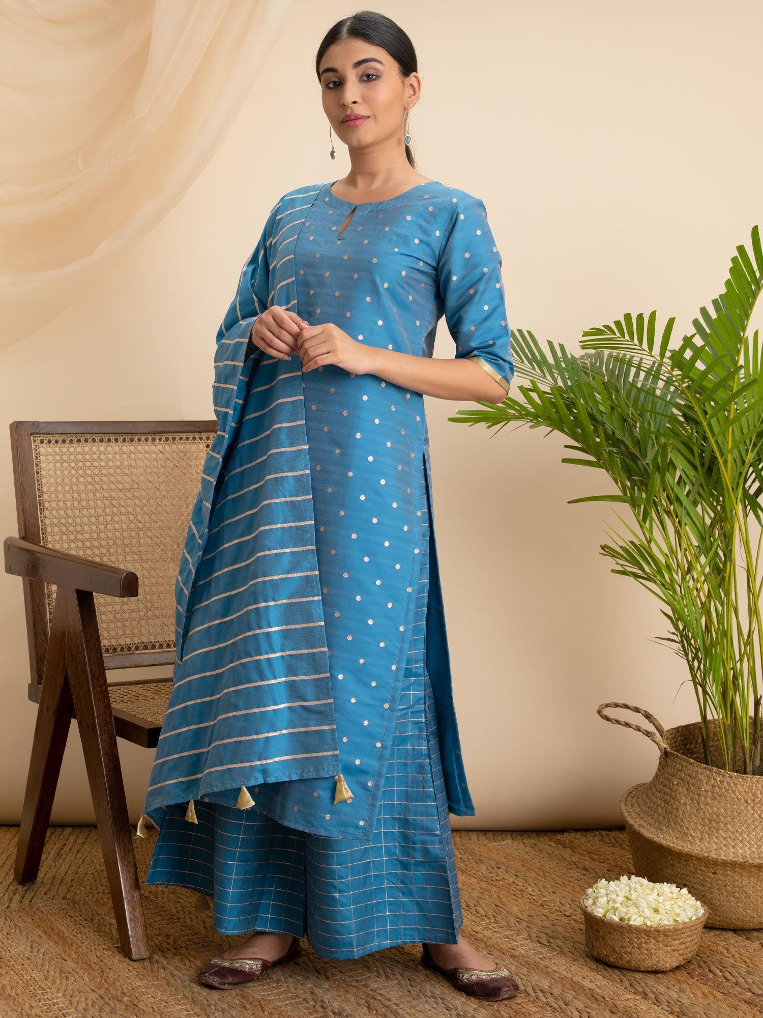 Blue Zari Work Chanderi Suit Set