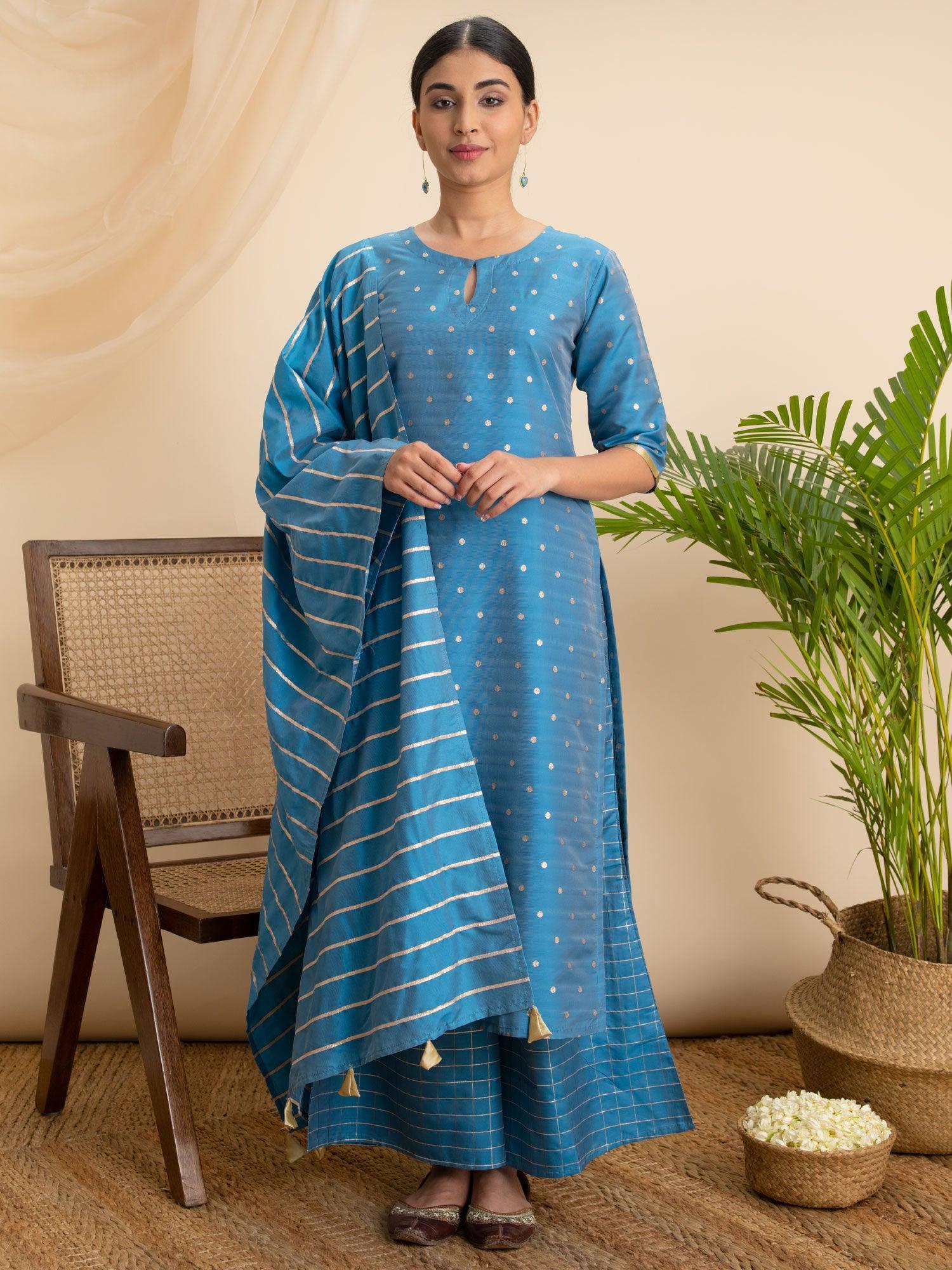 Blue Zari Work Chanderi Suit Set