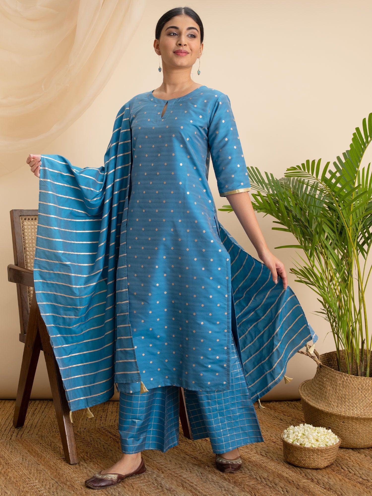 Blue Zari Work Chanderi Suit Set