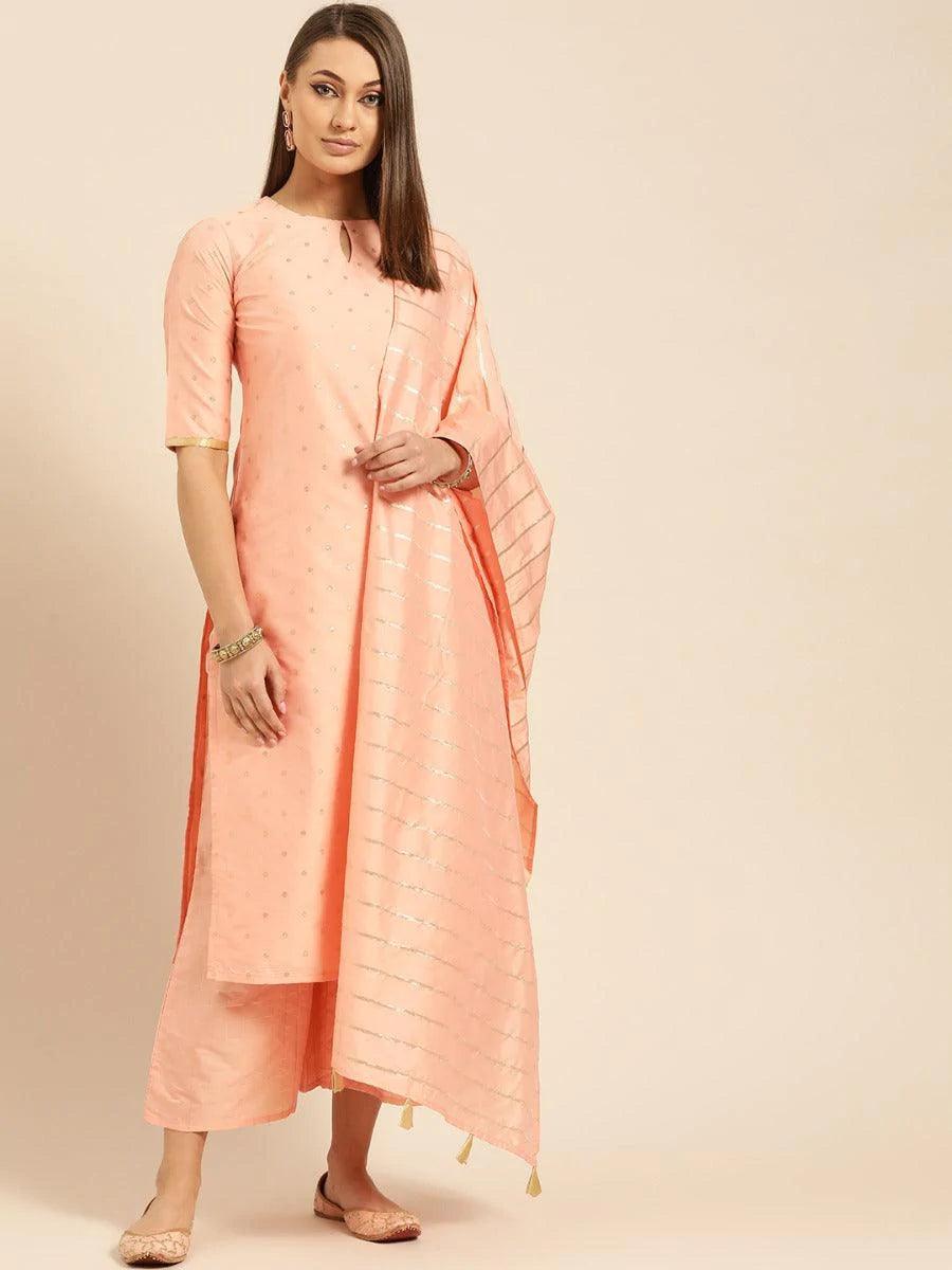 Peach Woven Design Chanderi Suit Set