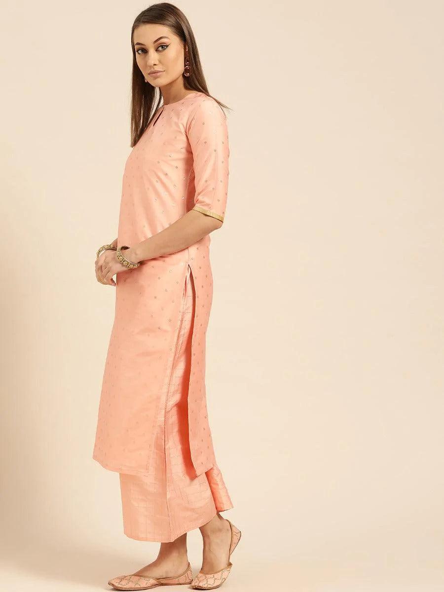 Peach Woven Design Chanderi Suit Set