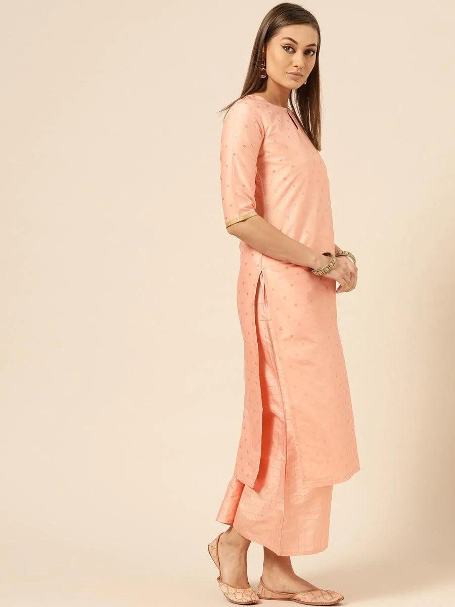 Peach Woven Design Chanderi Suit Set