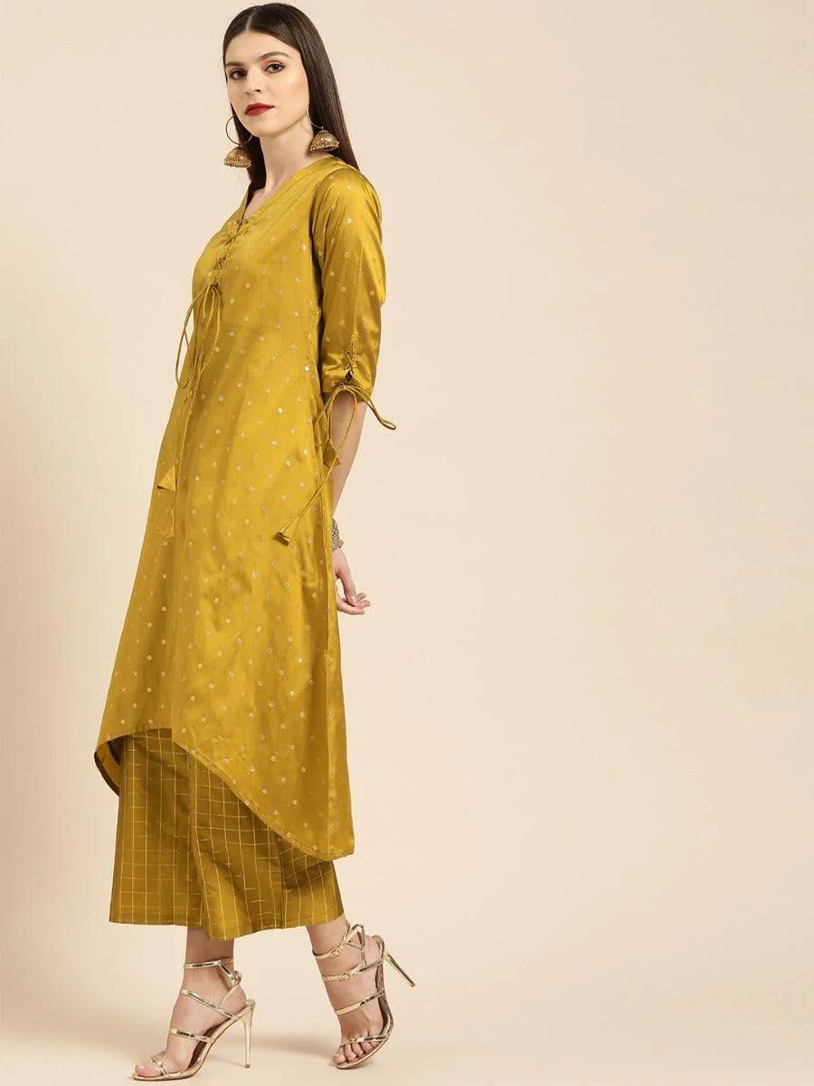 Mustard Self Design Silk Kurta Set - ShopLibas