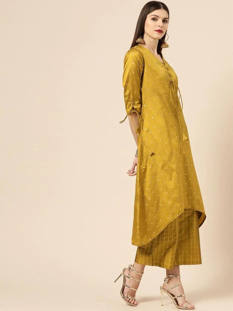 Mustard Self Design Silk Kurta Set