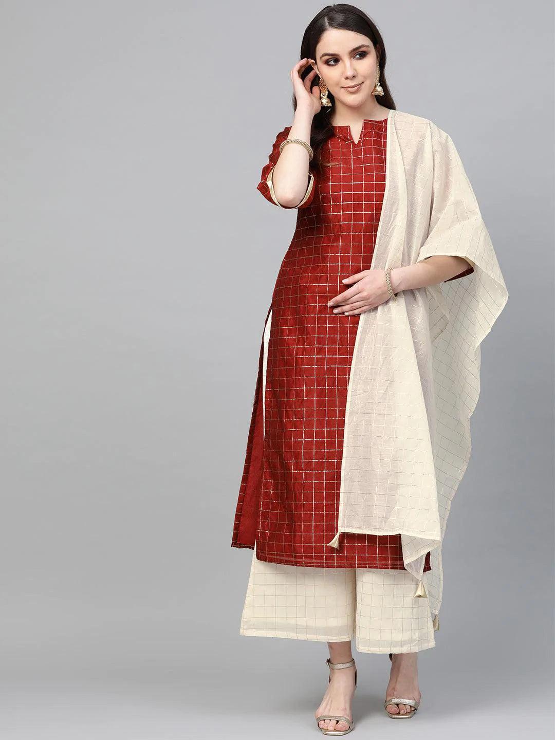 Maroon Self Design Polyester Suit Set - ShopLibas