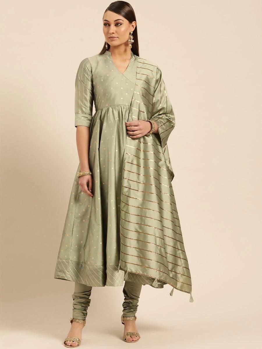 Grey Self Design Silk Suit Set