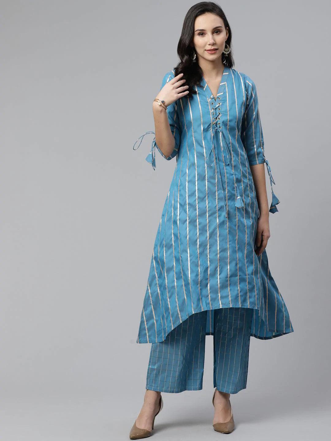 Blue Striped Chanderi Kurta Set