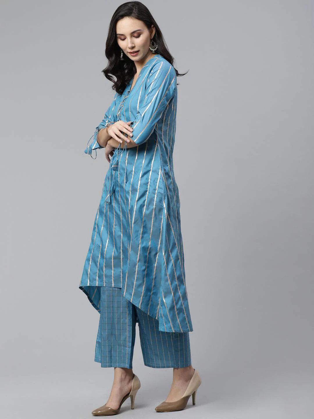 Blue Striped Chanderi Kurta Set