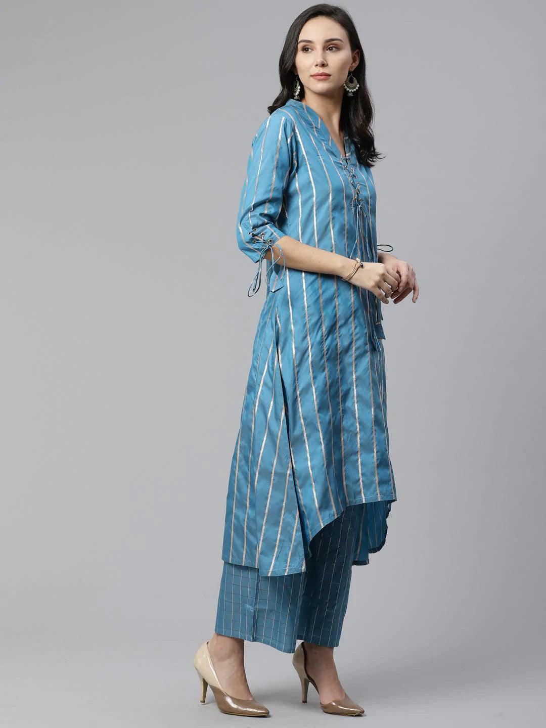 Blue Striped Chanderi Kurta Set