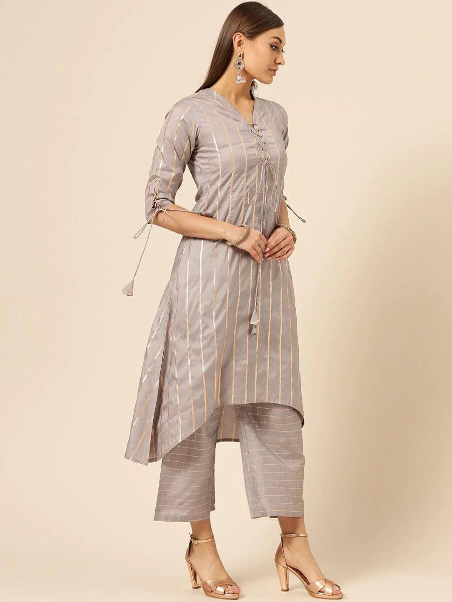 Grey Self Design Chanderi Kurta Set - ShopLibas