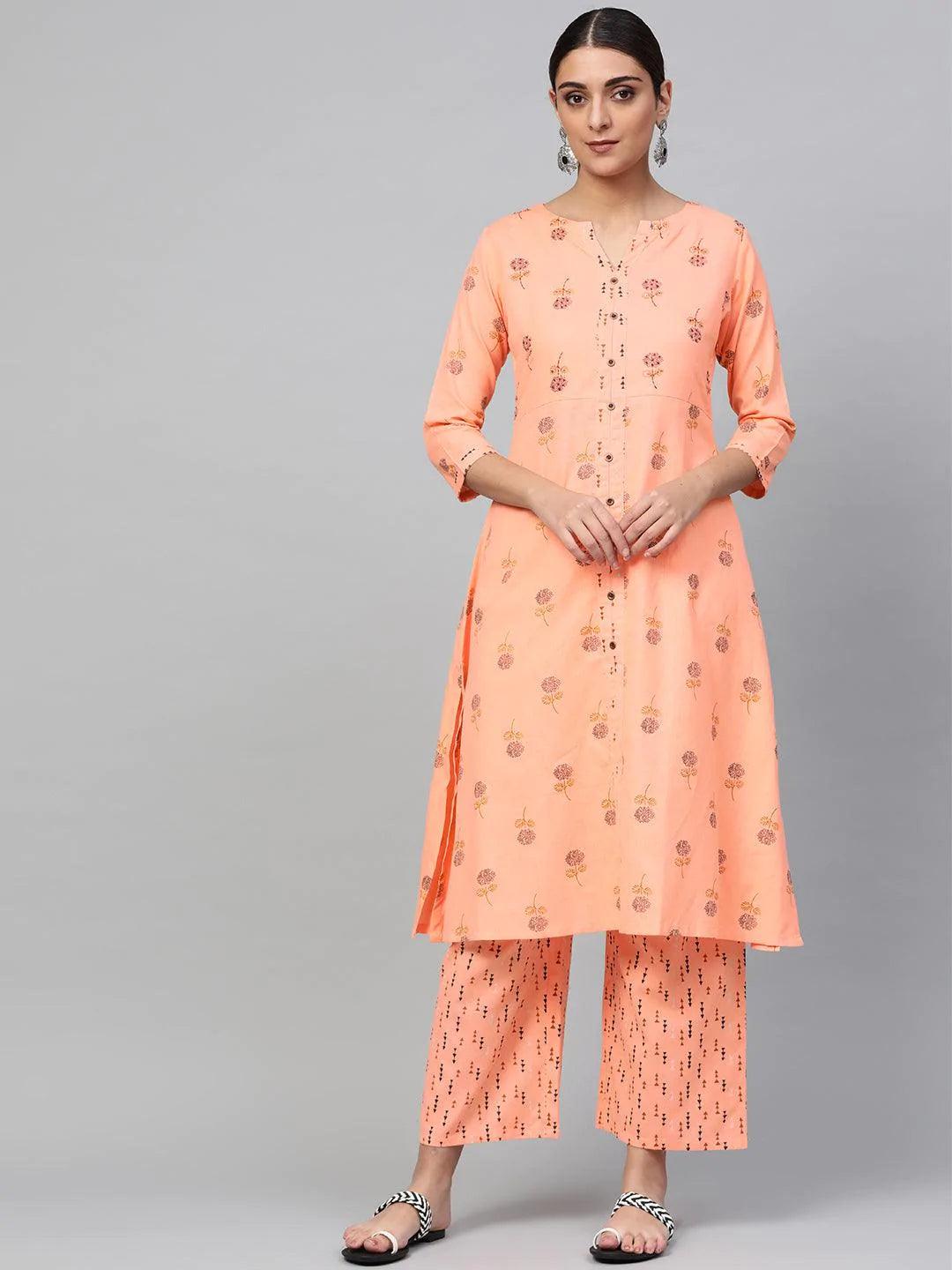 Peach Printed Cotton Kurta Set