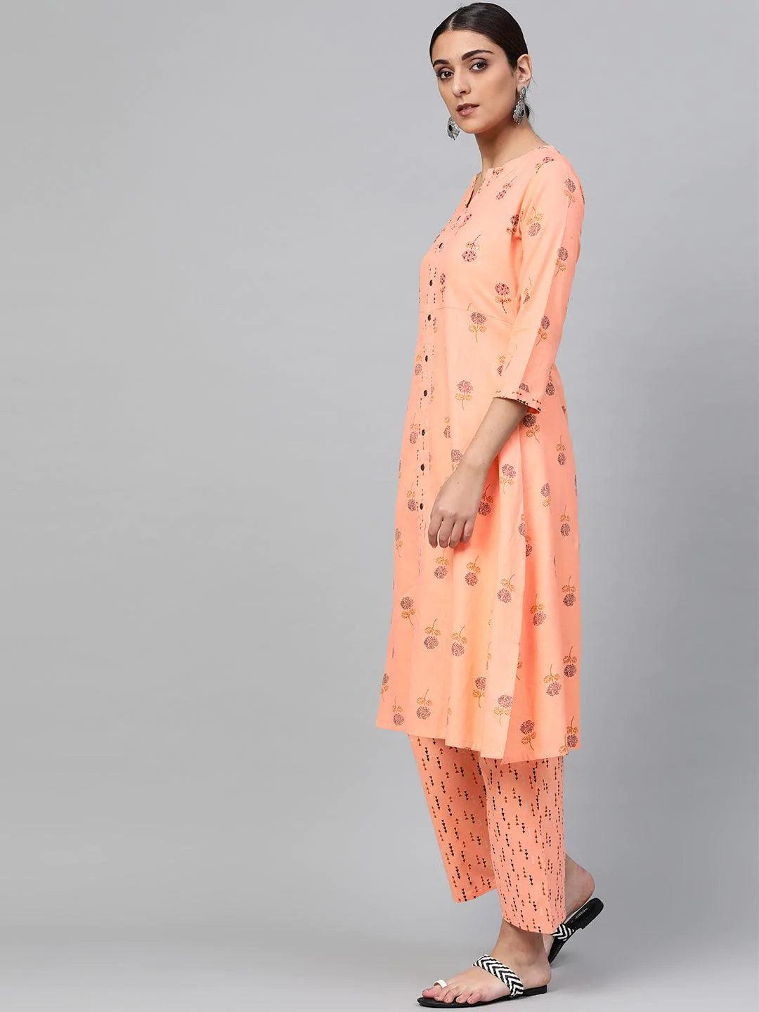 Peach Printed Cotton Kurta Set