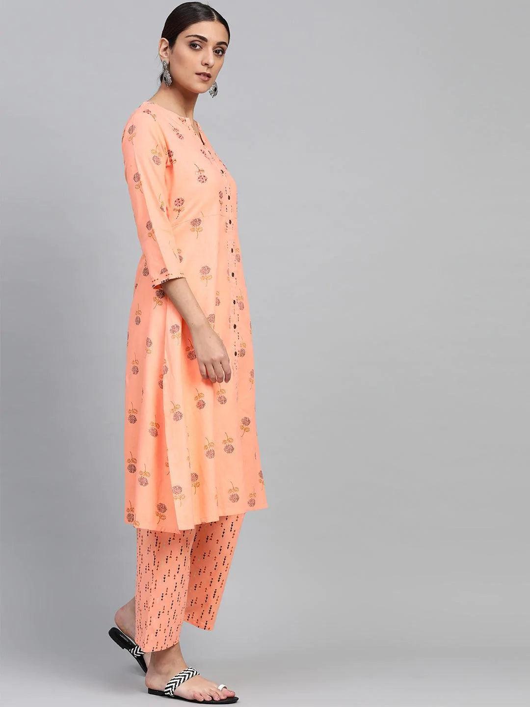 Peach Printed Cotton Kurta Set