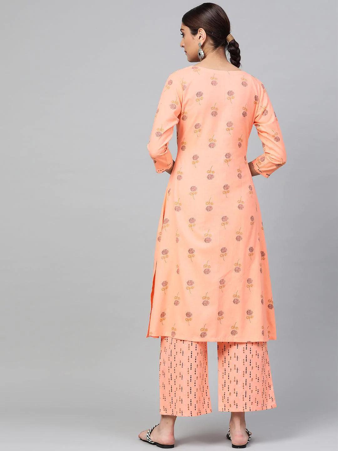 Peach Printed Cotton Kurta Set