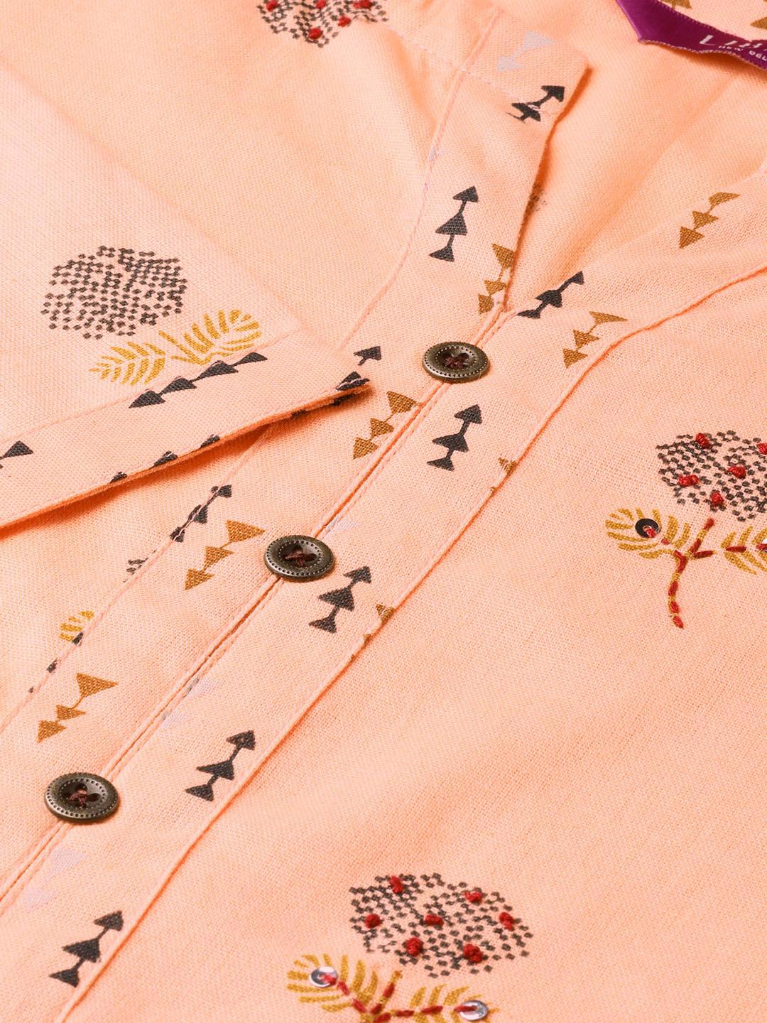 Peach Printed Cotton Kurta Set