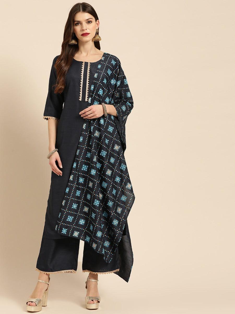 Navy Blue Solid Chanderi Suit Set