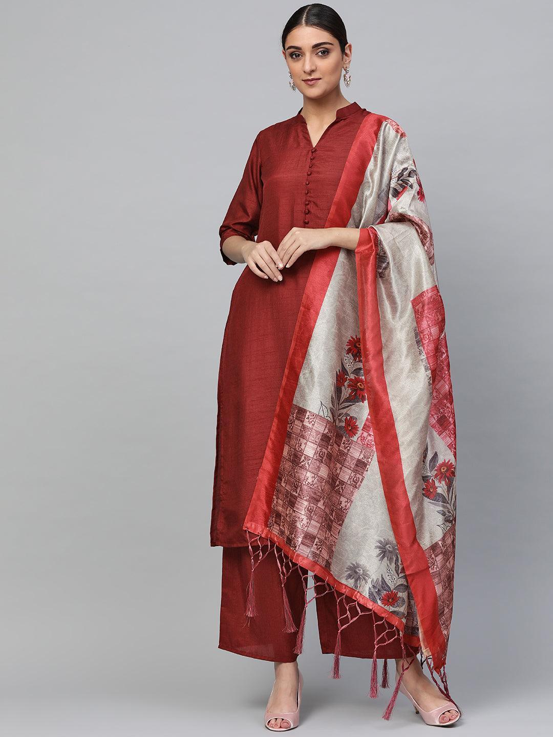 Maroon Solid Silk Suit Set - ShopLibas