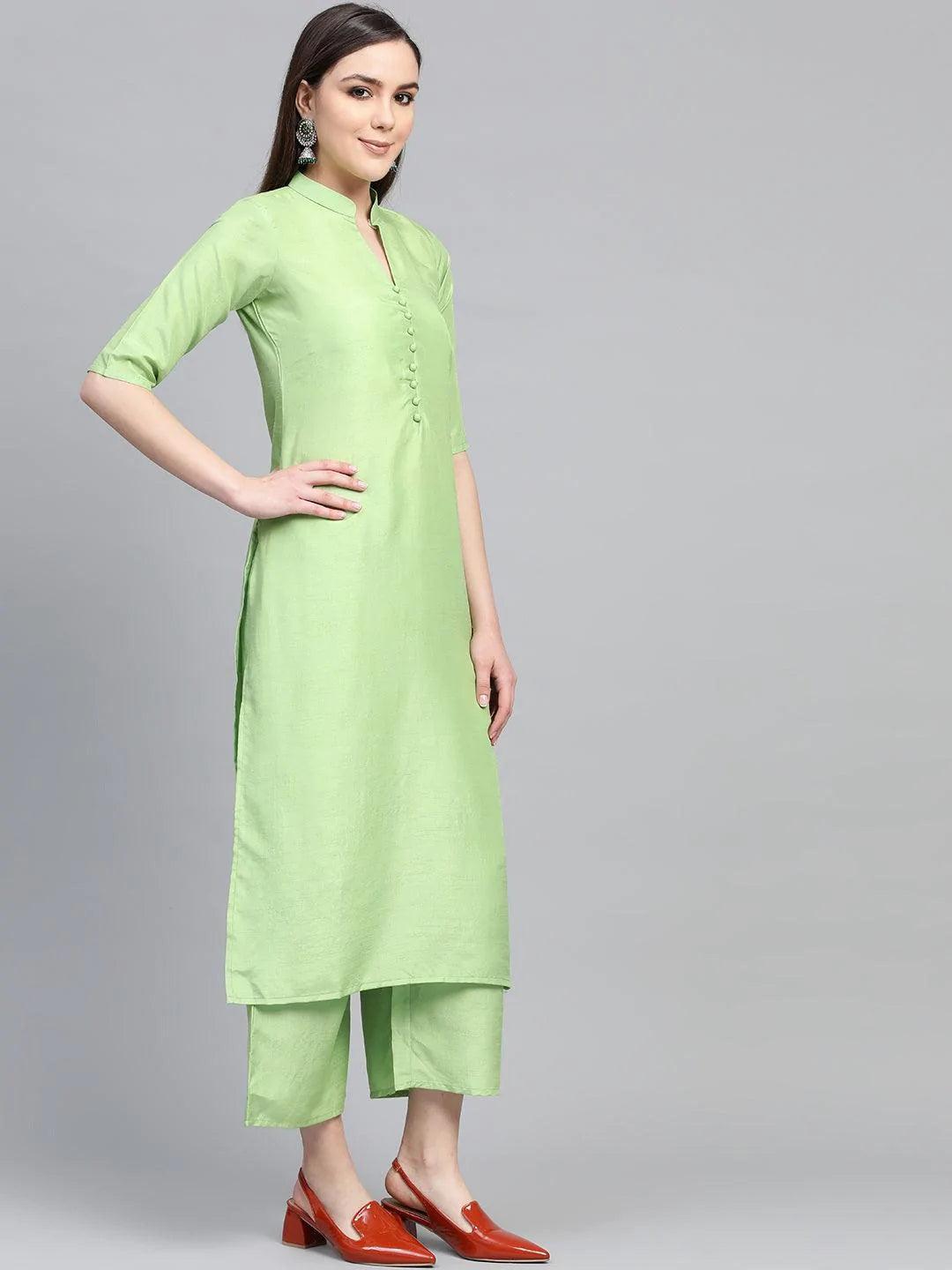 Green Solid Muslin Suit Set