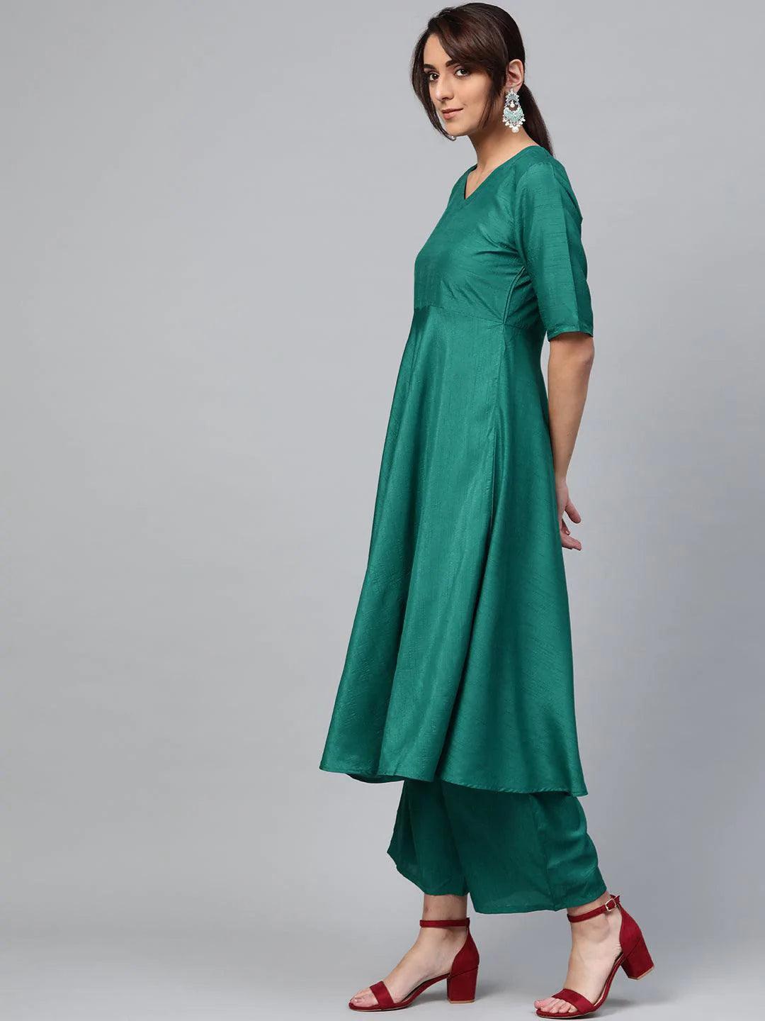 Green Solid Polyester Suit Set - ShopLibas