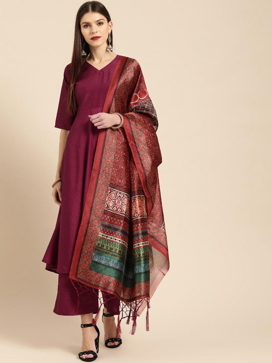 Burgundy Solid Silk Suit Set - ShopLibas