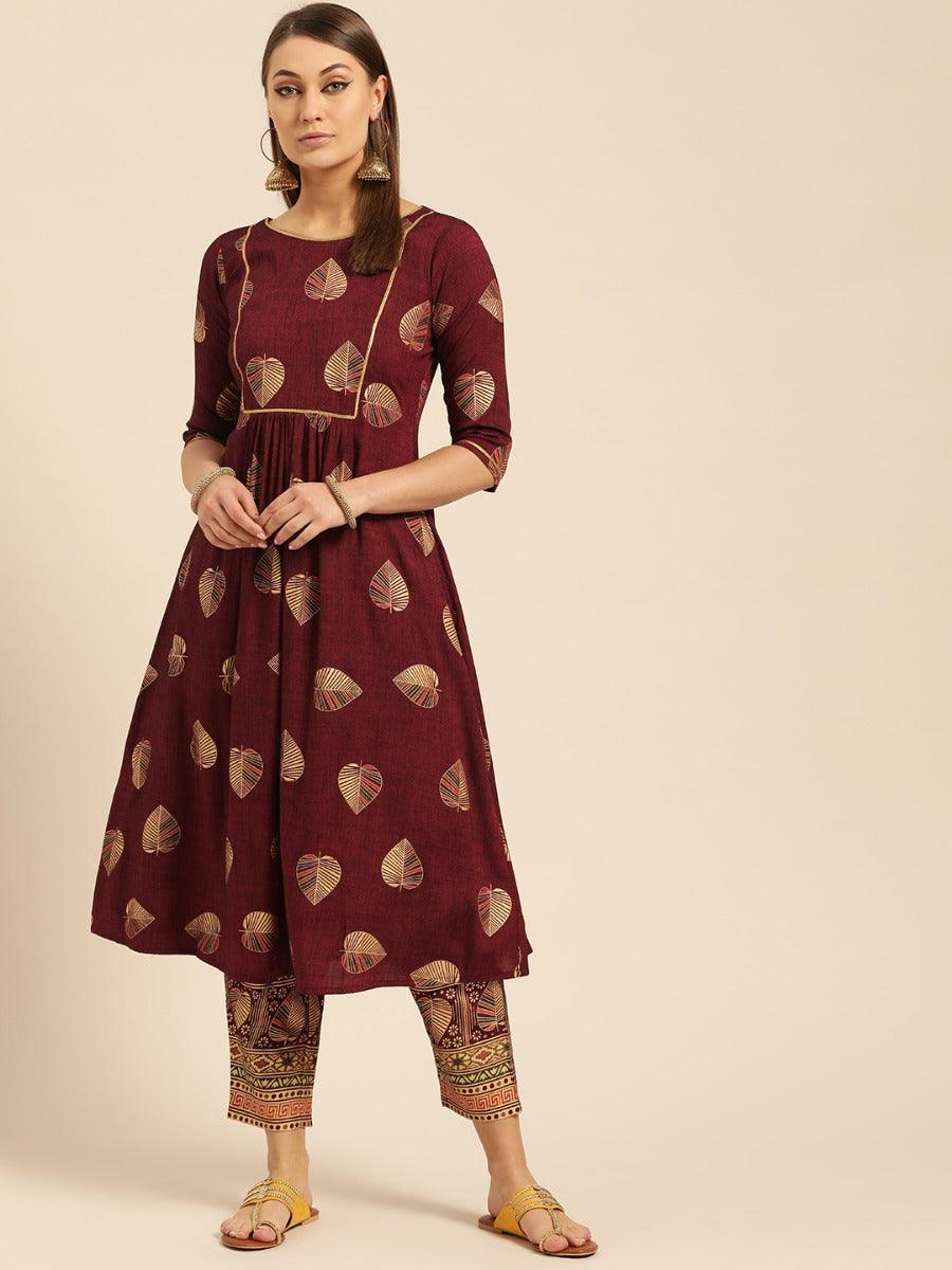 Maroon Printed Rayon Kurta Set