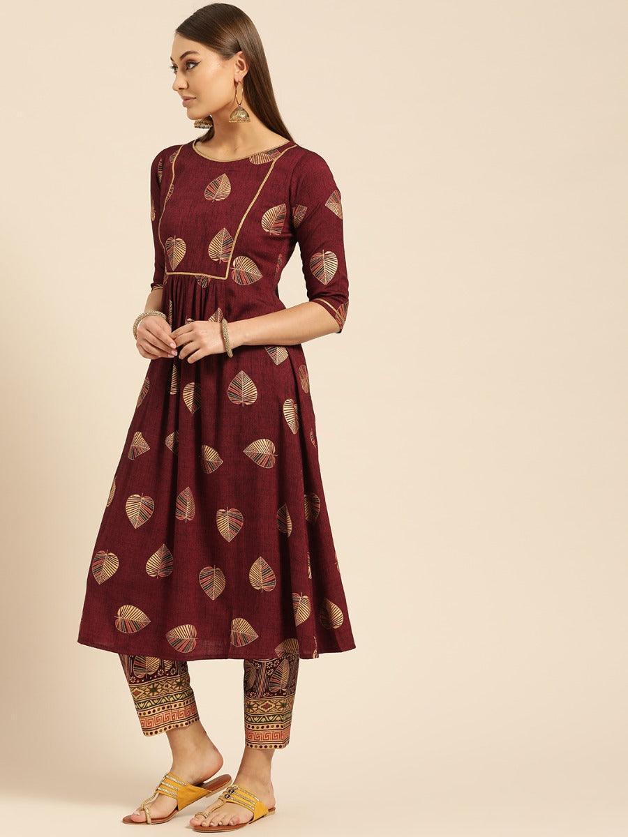 Maroon Printed Rayon Kurta Set