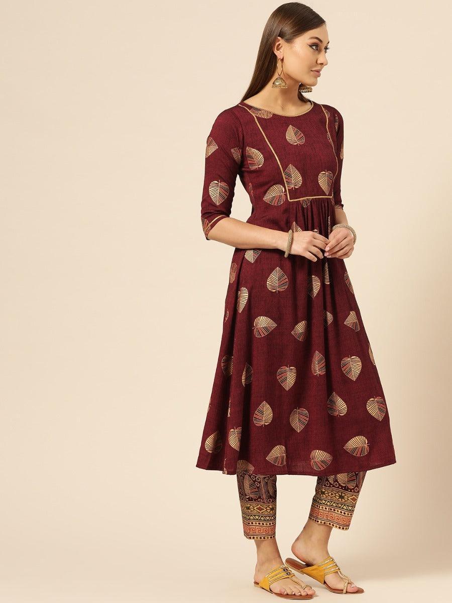 Maroon Printed Rayon Kurta Set