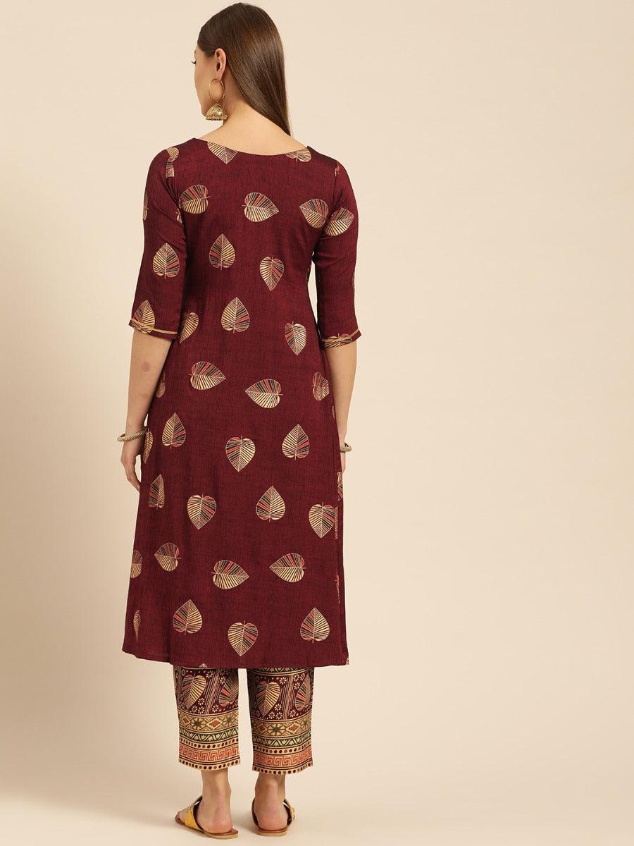 Maroon Printed Rayon Kurta Set