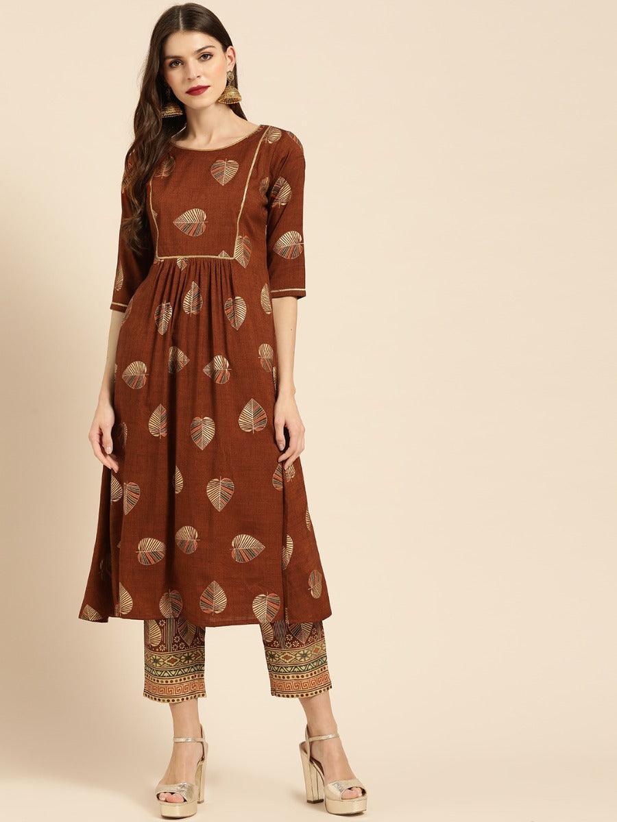 Brown Printed Rayon Kurta Set - ShopLibas