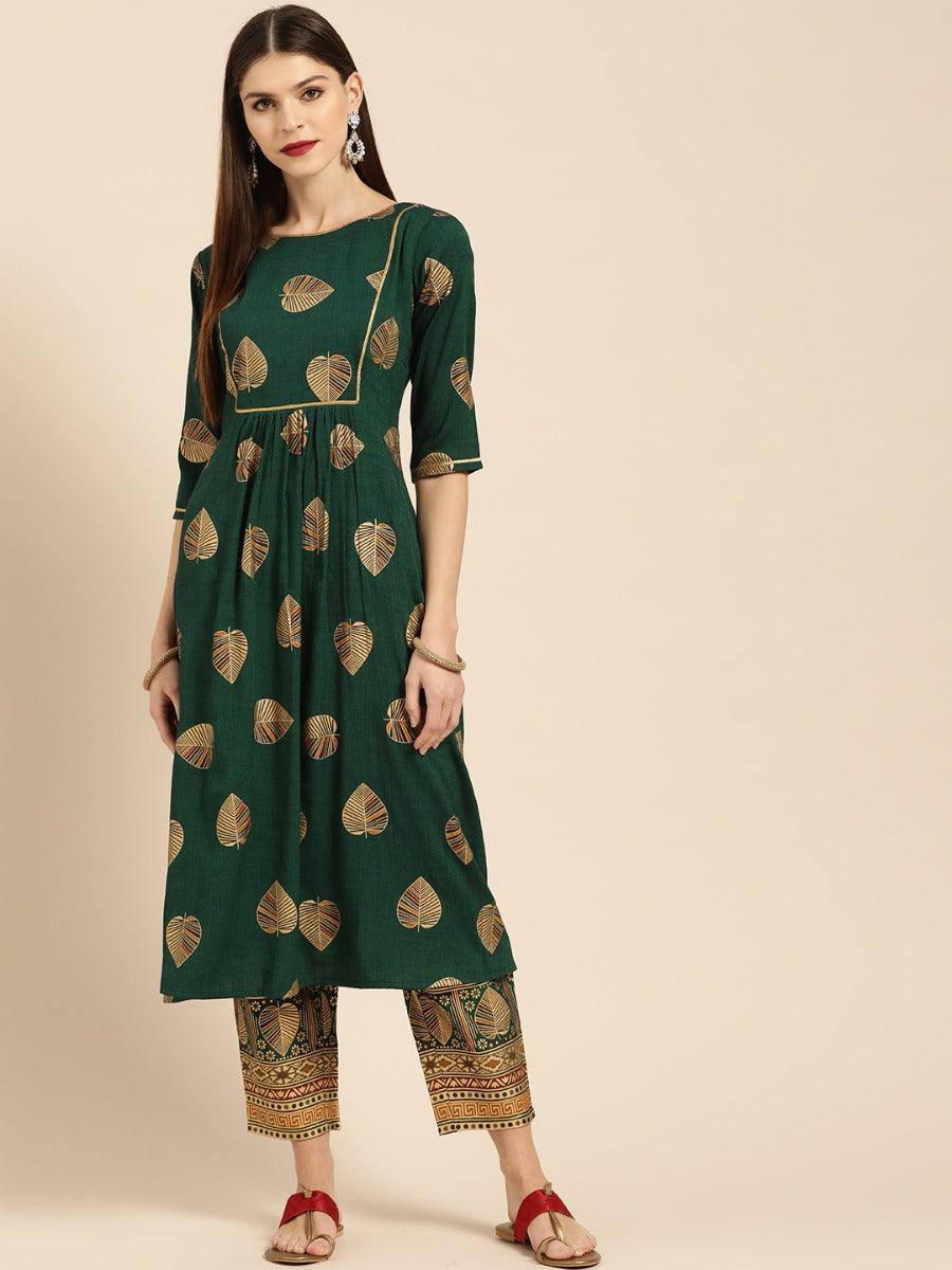 Dark Green Printed Rayon Kurta Set