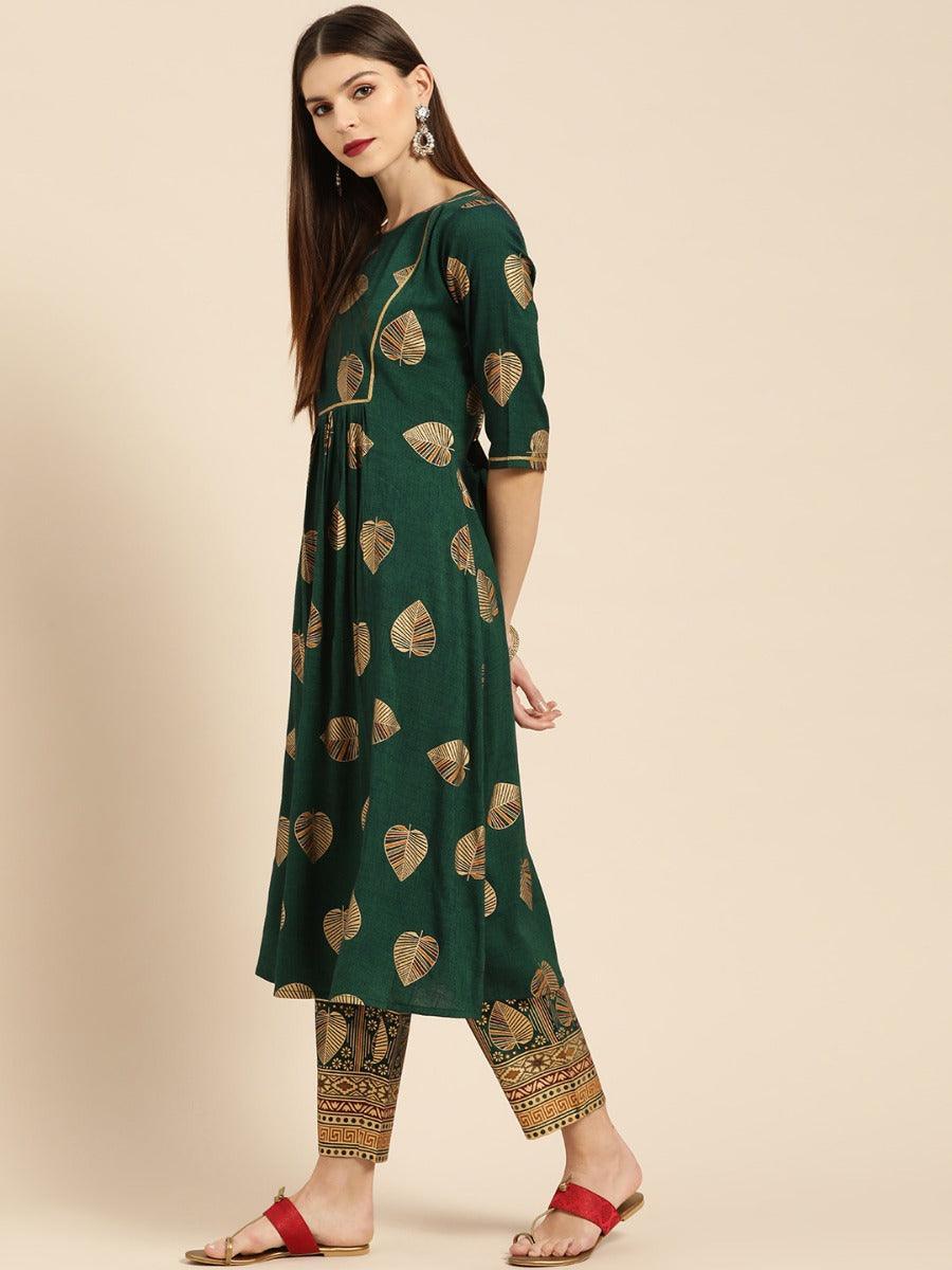 Dark Green Printed Rayon Kurta Set