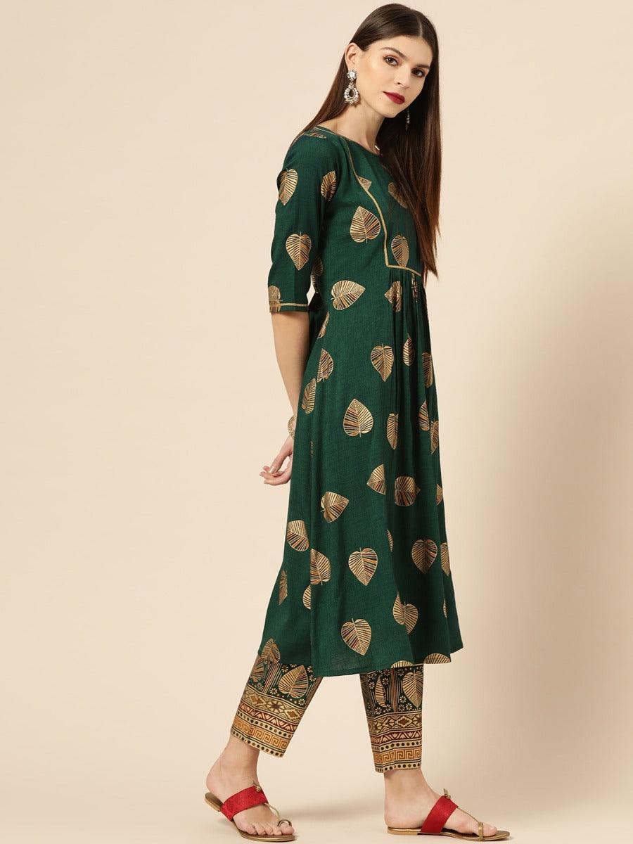 Dark Green Printed Rayon Kurta Set