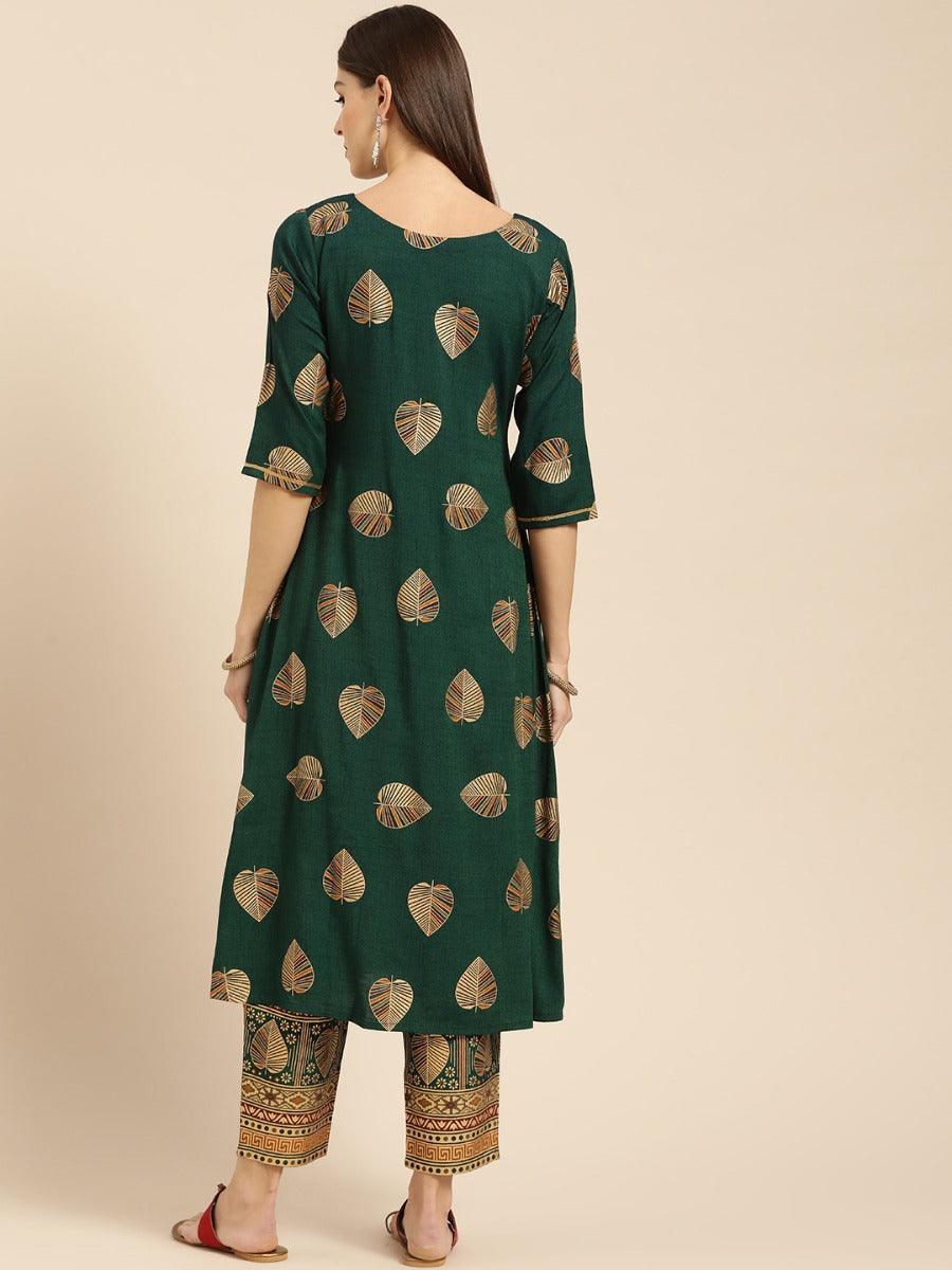 Dark Green Printed Rayon Kurta Set