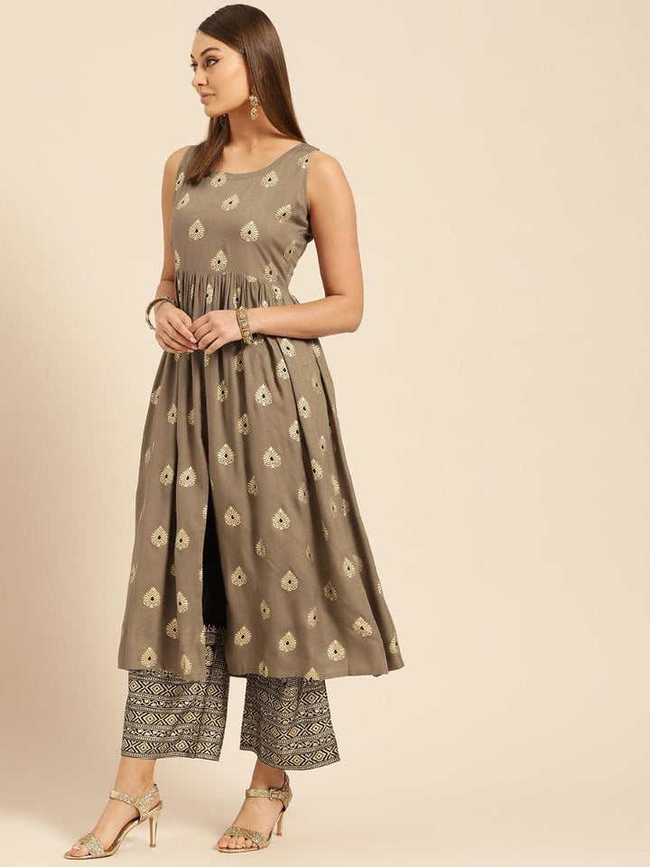 Taupe Printed Rayon Kurta Set - ShopLibas