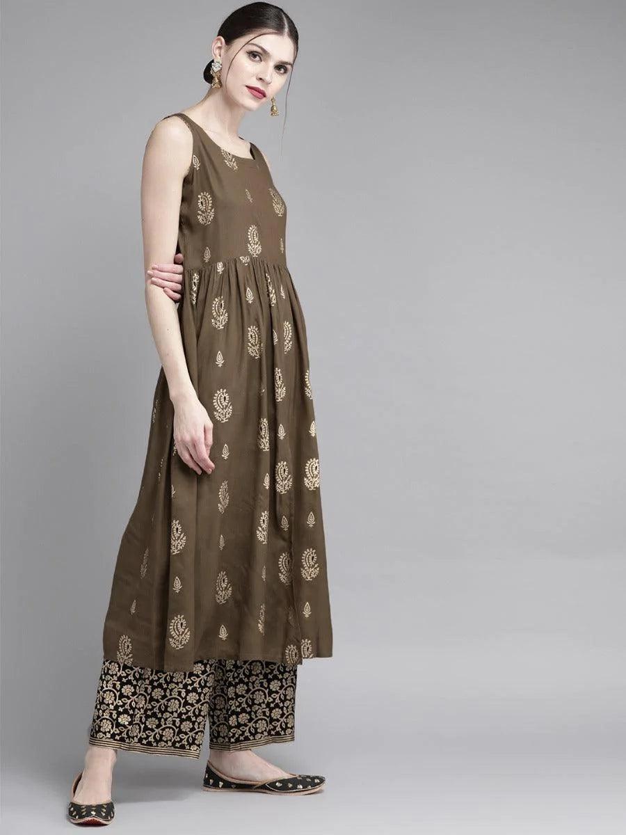 Olive Green Printed Rayon Kurta Set - ShopLibas