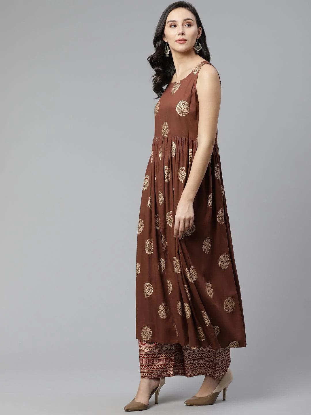 Brown Printed Rayon Kurta Set